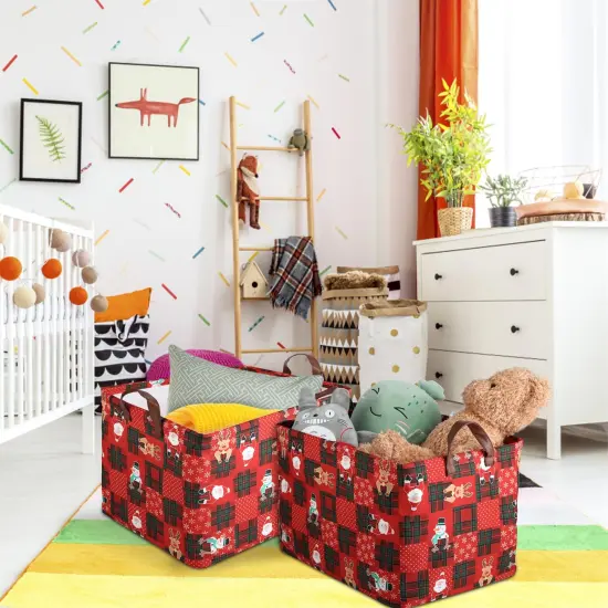 Christmas Red Storage Bin Basket Collapsible with Leather Handles Waterproof Canvas Storage Cube Box for Closet Toys Clothes Snowman Santa Room Decor Gift Basket {3}