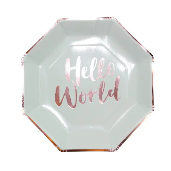 Rose Gold Hello World Baby Shower Plates – Mint & Gold, Hexagonal, 8-Pack {1}