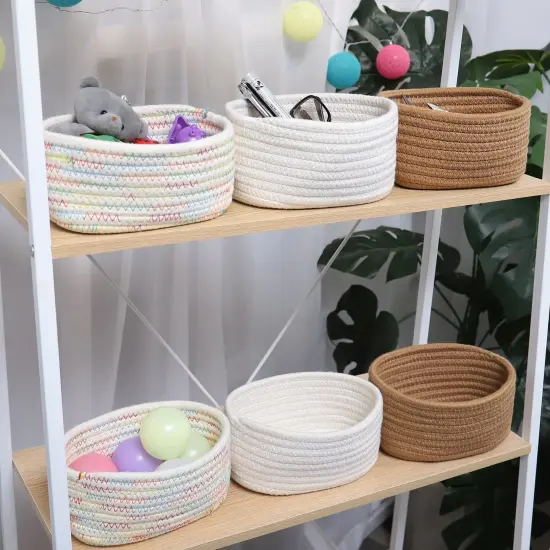 2 Pieces Small Storage Basket , Natural Cotton Rope Woven Baskets for Organizing, Tiny Oval Storage Easter Baskets, Small Basket for Montessori, Baby Dog Toy Baskets, Bathroom Organization Bin {3}