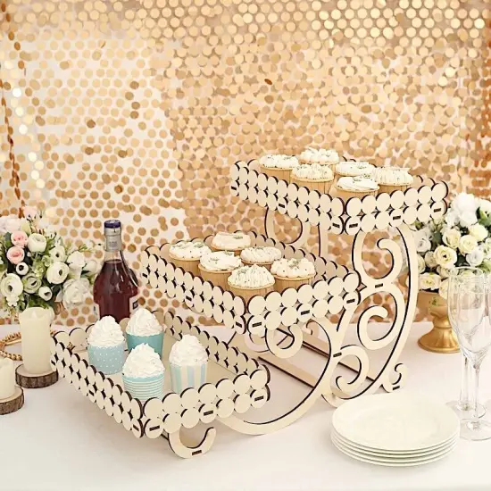 22 in Natural 3 Tier Laser Cut Rectangle Wooden Cupcake Dessert Stand {6}