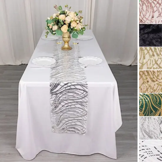 12x108 in Mesh Wavy Embroidered Sequins Table Runner Gold {2}