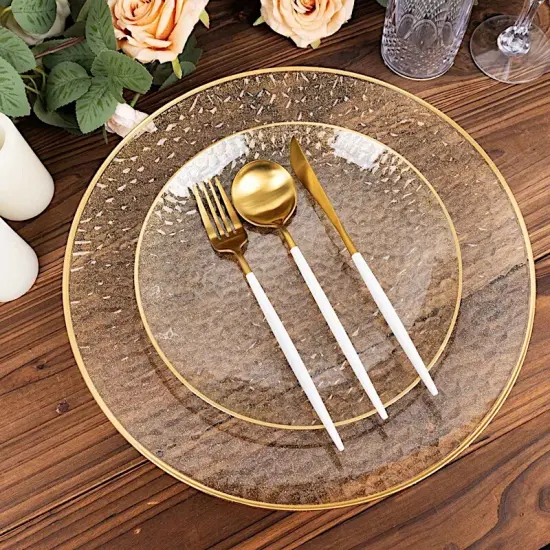 10 PCS Clear Round Hammered Disposable Salad Dinner PLASTIC PLATES Gold Trim Party {7}