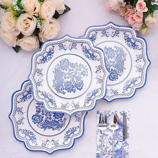 25 White Blue 10 in Floral Disposable Dessert Paper PLATES {3}