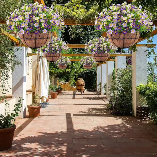 Everlasting Spring Charm: Artificial Hanging Flowers with Coconut-Lined Basket Purple {3}