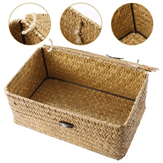 1 Basket with Lids: Seagrass Storage Woven Basket Straw Desktop Rattan 9 inch Hand- Woven Storage Basket Bins Container Organizer for Shelf Desktop Home Decor {4}