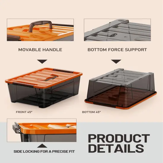 WYT 5-Quart Small Storage Container Bin with Orange Secure Lid and Black Clear Latch Buckles, Durable Plastic Stackable Nestable Organizin, 6-Pack {6}