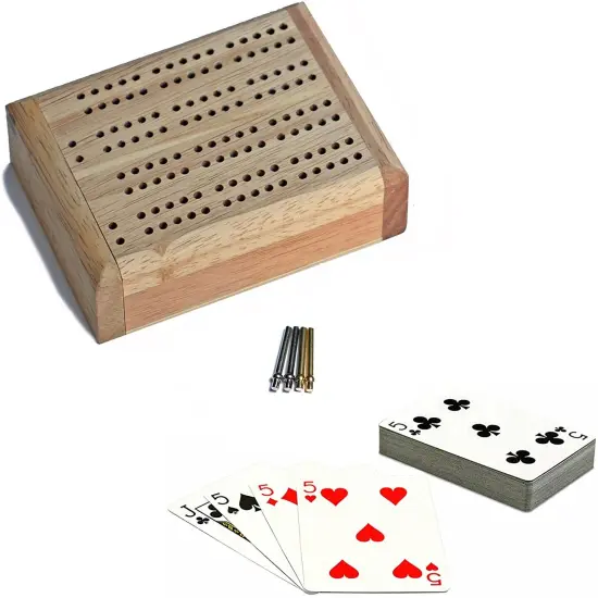 WE Games Mini Travel Cribbage Set - Solid Wood 2 Track Board with Swivel Top and Storage for Cards and Metal Pegs {1}