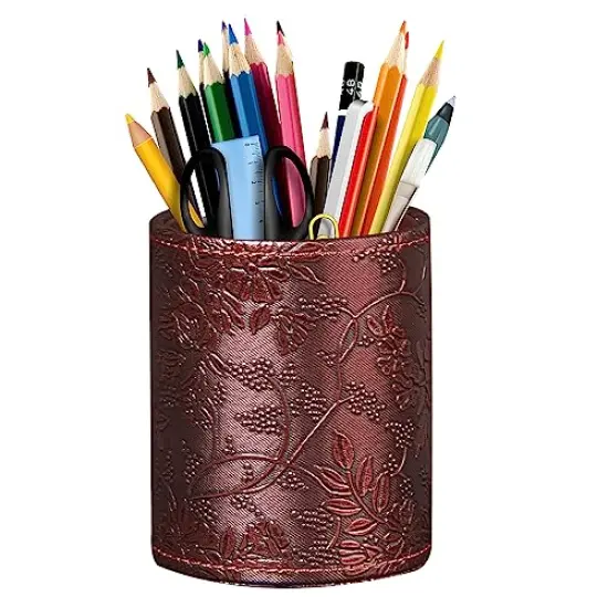 Pen Holder for Desk Cute, Desk Organizers and Workspace Accessories Storage, Pencil Holder Cup for Makeup Brush/Art Supplies/Stationery, Decorative Aesthetic Office Organization, PU Leather {2}