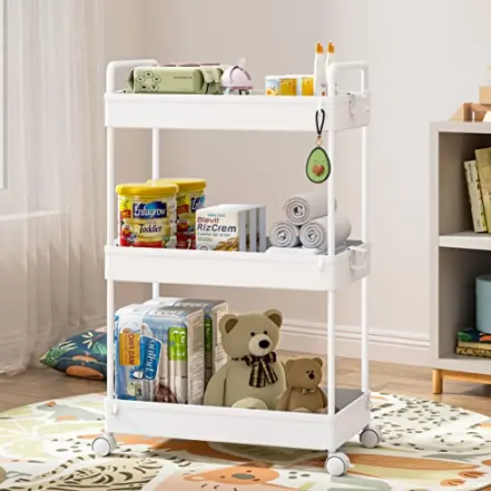 3 Tier Classic Storage Rolling Cart Slim Storage Cart with Wheels Slide Out Storage Rolling Cart Organizer Plastic for Bathroom Laundry, White {3}
