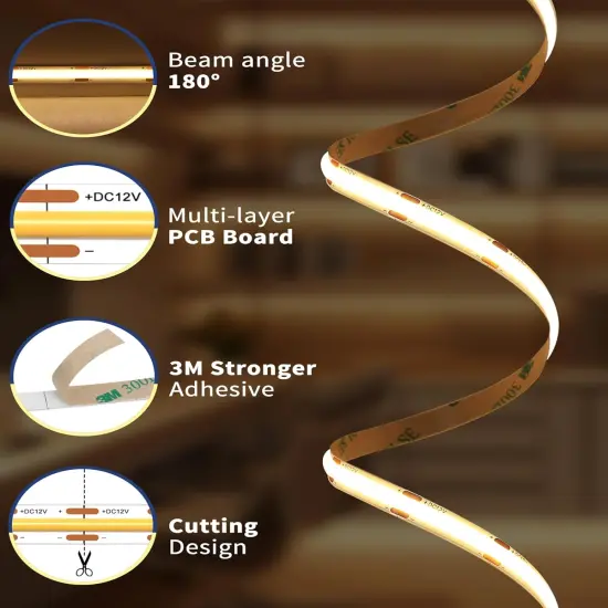 Warm White COB LED DC 12v 3000K Dimmable Strip Lights (Power Source Sold Separately) {5}