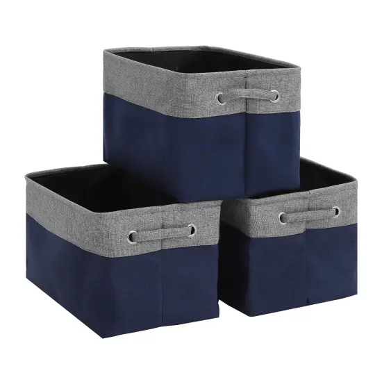 3 Pieces Collapsible Storage Bin Foldable Canvas Fabric Open Storage Basket Cube Box, Sturdy Organizer With Handles for Home, Office, Nursery, Closet Shelves（gray and navy {2}