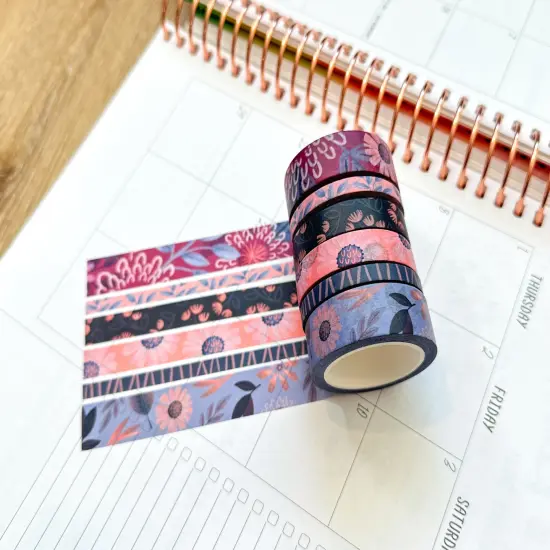 Periwinkle Pink Navy Coral Floral Modern Flowers Washi Tape Set February 2024 - W101 {2}
