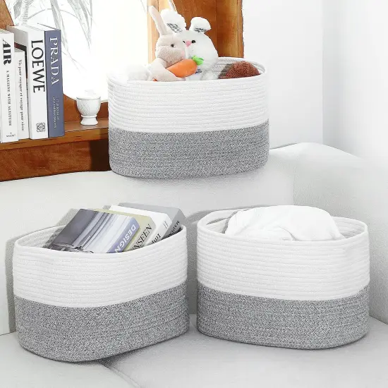 Storage Basket, Cotton Rope Woven Basket with Handles. Blanket Basket for Storing Clothes, Toys, Books, Shelves etc, 15''L x 10''W x 9.5''H, Gray/Off White {5}