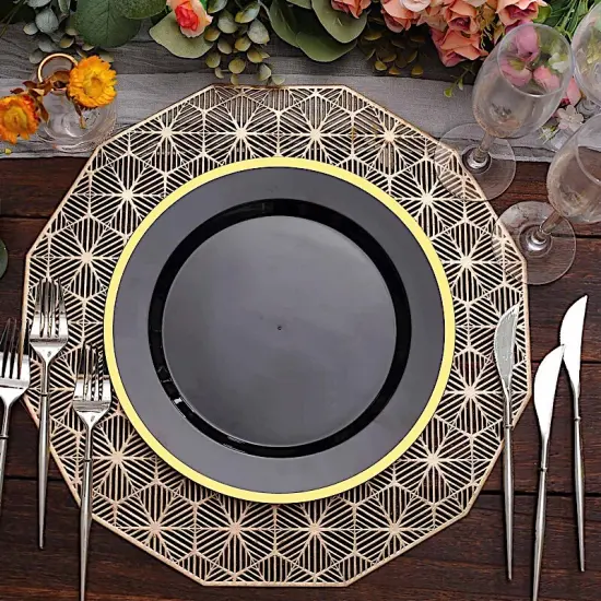 Round Plastic Dessert Plates with Gold Rim Black & gold {1}