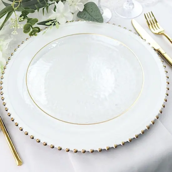 10 PCS Clear Round Hammered Disposable Salad Dinner PLASTIC PLATES Gold Trim Party {3}