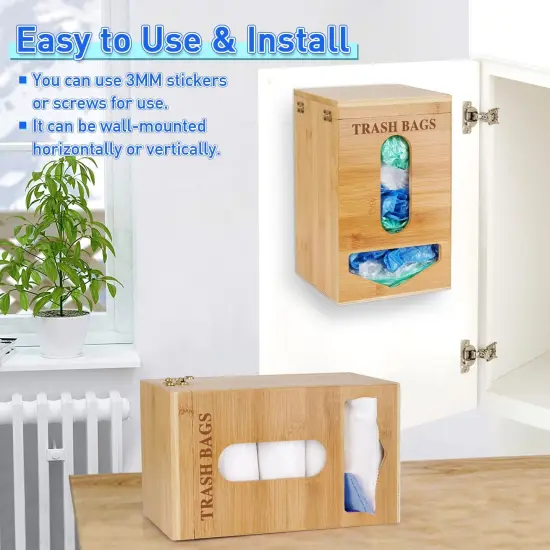 Trash Bag Holder Grocery Bag Holder Bamboo Garbage Bag Holder Wall Mounted Double Easy-Access Opening for Home Kitchen Cabinet Organization (Bamboo color) {5}
