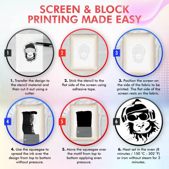 Screen Print Kit with Reusable Wooden Frame, 1 Screen Printing Squeegee, and 3 x 100ml Ink - Silk Screen Printing Kit for Beginners {5}