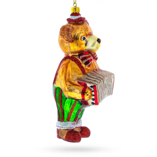 Bear Playing on Accordion Glass Christmas Ornament {3}