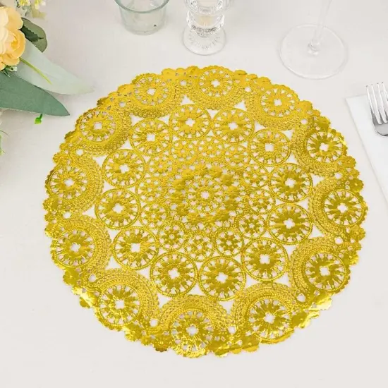 50 Metallic Gold Lace Round Disposable Paper Placemats {2}