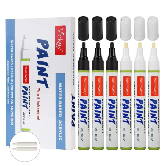 Acrylic Paint Pens Black &White, Set of 6 Medium Point Water Based Paint Marker for Rock Painting, Ceramic, Metal, Glass, Wood, Fabric DIY Craft Projects Water Resistant with 2 Replacement Nibs {1}