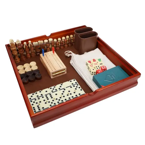 WE Games 7-in-1 Combination Wood Game Set &ndash; 12 inch board &ndash; Includes Chess, Checkers, Backgammon, Dominoes, Cribbage, Poker Dice, Cards {4}