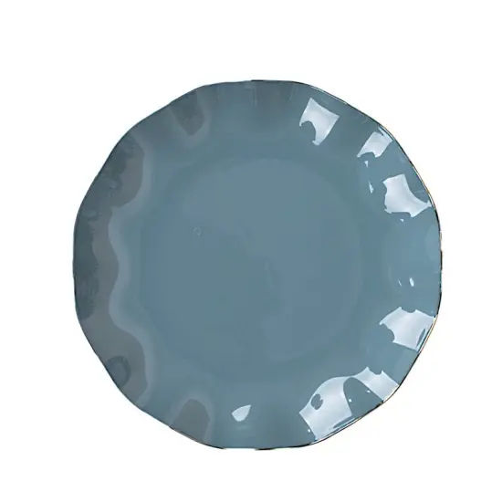 9" Round Disposable Salad Dinner Plastic Plates Gold Wavy Trim Dusty blue {1}