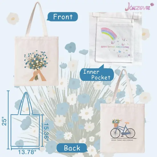 1 Pack Aesthetic Flowers Cotton Canvas Tote Bag Blue Bouquet Bicycle Cloth Tote Bag Cute Cotton Tote Bag Art Canvas Tote Bag Reusable Shopping Bag for Gift {1}