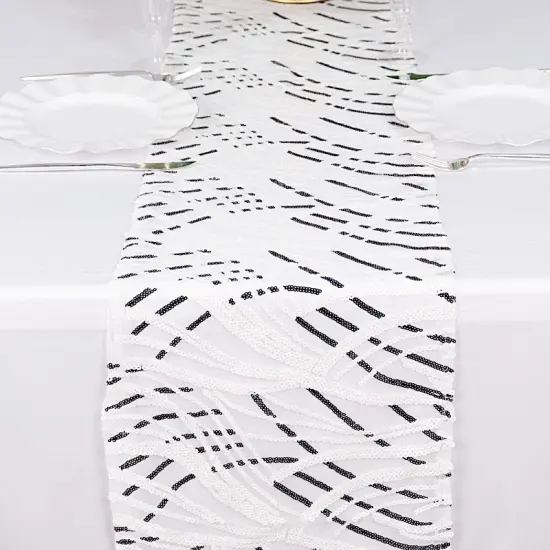12x108 in Mesh Wavy Embroidered Sequins Table Runner White black {1}