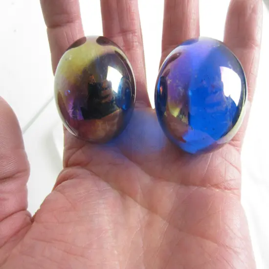 2 Boulders 35mm LUSTERED BLUE Iridescent Translucent Clear Metallic Marbles glass large {3}