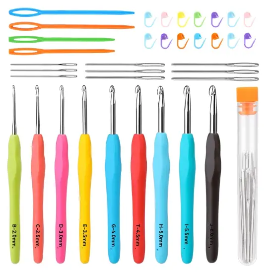 9 Pieces Crochet Hooks, 2mm-6mm Multicolor Extended Crochet, Ergonomic Handle Crochet Hooks Set for Beginners Adults with Stitch Markers and Knitting Needles {2}