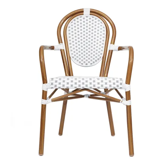 Merrick Lane Celia Set of Two Stacking Thonet Bistro Style Chair with Arms, PE Rattan Seat, and Metal Frame for Indoor/Outdoor Use White&Gray/Natural {6}
