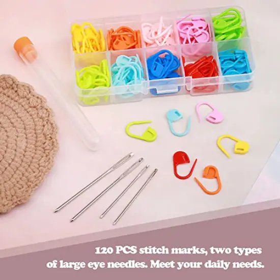 124 Pieces Stitch Markers for Crocheting, Colorful Knitting Markers Crochet Clips with 4 Pcs Big Eyes Sewing Needles, 10 Colors Stitch Locking Clip with Storage Box {1}