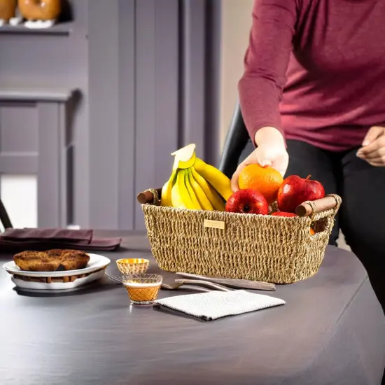 Seagrass Hand Woven Basket with Stain Resistant Polished Wooden Handles, Toilet paper Storage Wicker Baskets 12 inches Length, 6.29 inches Width, 4.25 inches Height, Natural {5}