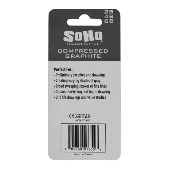 SoHo Urban Artist Compressed Graphite Sticks 6B, Pack of 3 - Premium Graphite Sticks for Drawing - Versatile & Smooth Gliding Artist Graphite - Ideal for Professionals, Students, and Artists {6}