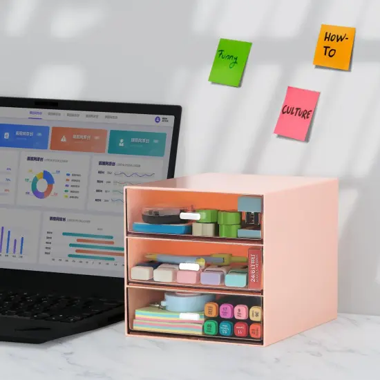 Desk Organizer with 4 Drawers, Clear Plastic Desk Storage Box, Desktop Organization for Office Supplies, Gel Pens, Pencils, Markers, Tape, Erasers, Paperclips, Chargers (Pink w 3Draws) {4}