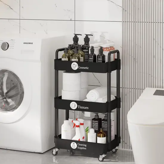 3-Tier Kitchen Storage Cart,Multifunction Utility Rolling Storage Organizer,Mobile Shelving Unit Cart with Lockable Wheels for Bathroom,Laundry,Living Room,With Classified Stickers,Black {3}