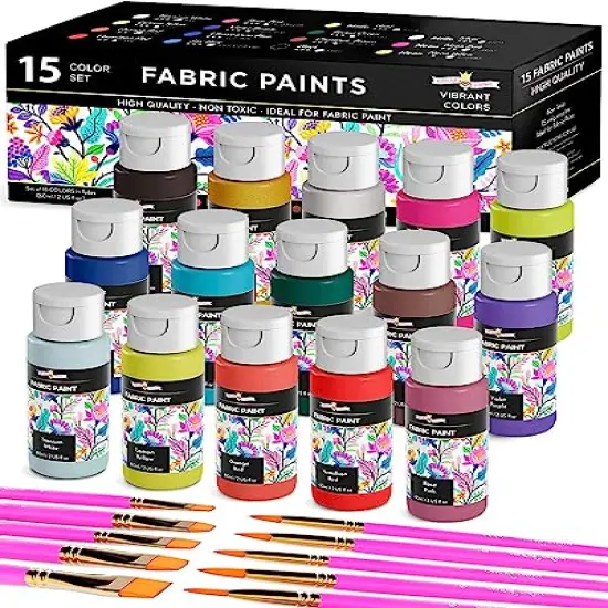 15 Colors Permanent Fabric Paint for Clothes, Fabric Paint for Canvas Textile Paint Cloth Paint Fabric Paint Set Fabric Paints Child Safe Paint for Fabric with 10 Brushes & Storage Box (60ml each) {1}