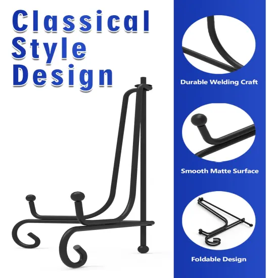 Lzerking Iron Display Stand 5 Packs, 4 Inches Plate Stand Picture Stand Photo Stand for Display, Black Foldable Easel Stand Holder for Photo Frame, Artwork, Collection, Decorative Plate, Book, Office {6}