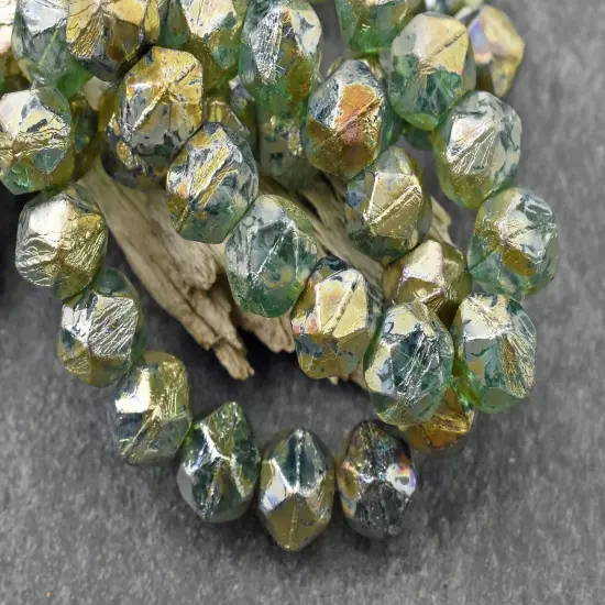 *15* 9x10mm Aqua Silver Picasso Antique Cut Round Beads {2}