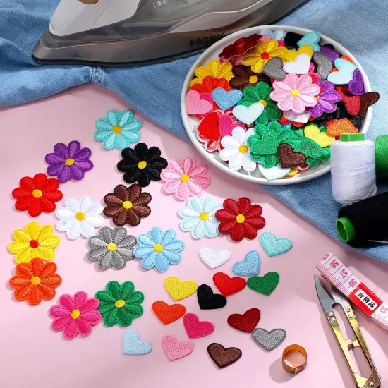 120 Pieces Flower, Heart Patches Mini Embroidery Applique Patches Colorful Sew Iron on Patches for Clothing Repair Decorations DIY Craft (Flower, Heart) {2}