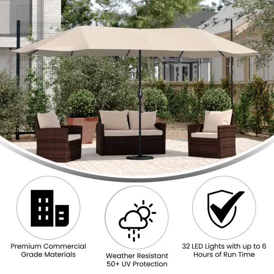 Merrick Lane Evanston 15 FT Triple Head Umbrella for Patio Use with Crank Handle, and Easy Lift Function Gray {10}