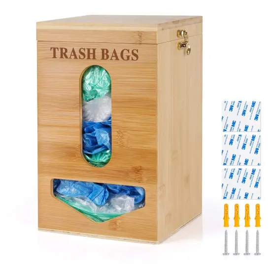 Trash Bag Holder Grocery Bag Holder Bamboo Garbage Bag Holder Wall Mounted Double Easy-Access Opening for Home Kitchen Cabinet Organization (Bamboo color) {2}