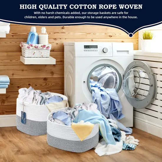 Storage Basket, Cotton Rope Woven Basket with Handles. Blanket Basket for Storing Clothes, Toys, Books, Shelves etc, 15''L x 10''W x 9.5''H, Gray/Off White {4}