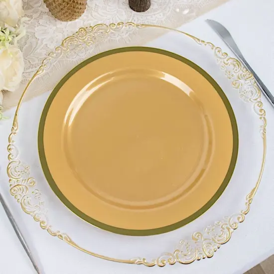 Round Plastic Dessert Plates with Gold Rim Hunter green & gold {4}