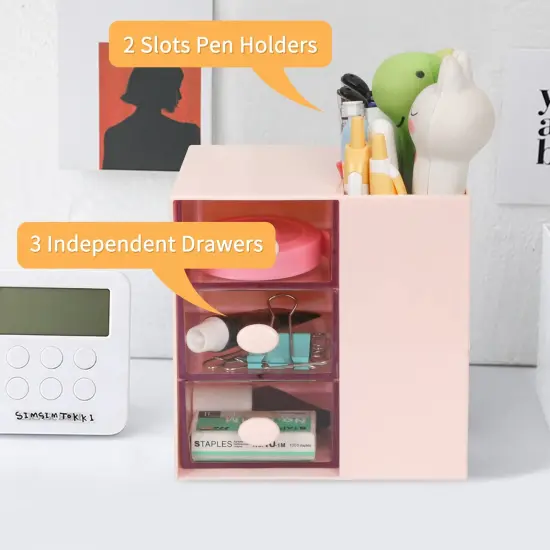 Desk Pencil Pen Holder, Office Desk Organizers Desktop Storage Pen Organizers with 3 Independent Drawers Stationery Supplies for Office,School,Home,Pink {5}