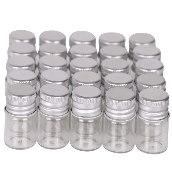 24 Pieces Mini Glass Bottles with Screw Caps 5ml Aluminum Top Metal Lids 5 Milliliter Tiny Vials Small Jars DIY Storage Art Craft Decor {1}