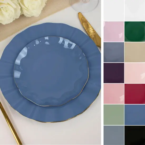 9" Round Disposable Salad Dinner Plastic Plates Gold Wavy Trim Ocean blue {2}