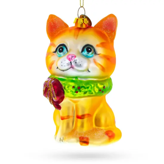 Orange Tabby Cat with Scarf Glass Christmas Ornament {1}