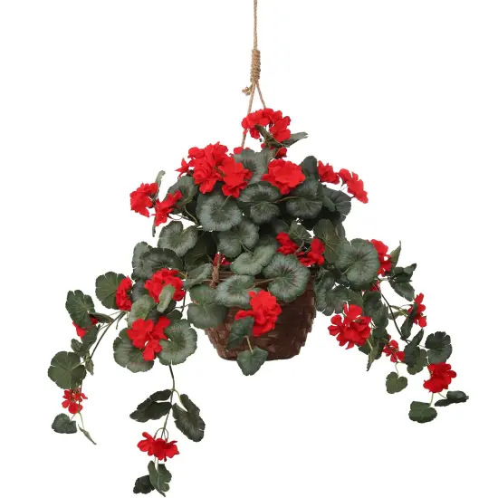 25" Hanging Red Geranium in Basket, Artificial Flower, Indoor & Outdoor Use, Front Door Wreath, Home & Office Decor, Floral Home by Artificial Flowers {1}