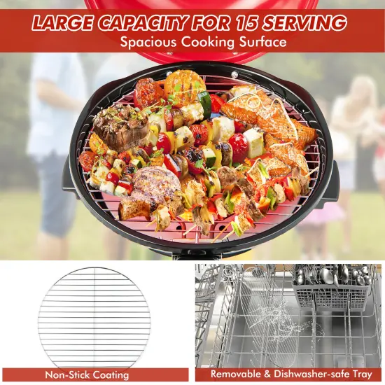 Costway Portable 1600W Electric BBQ Grill with Temperature Control & Grease Collector Red/Black {6}